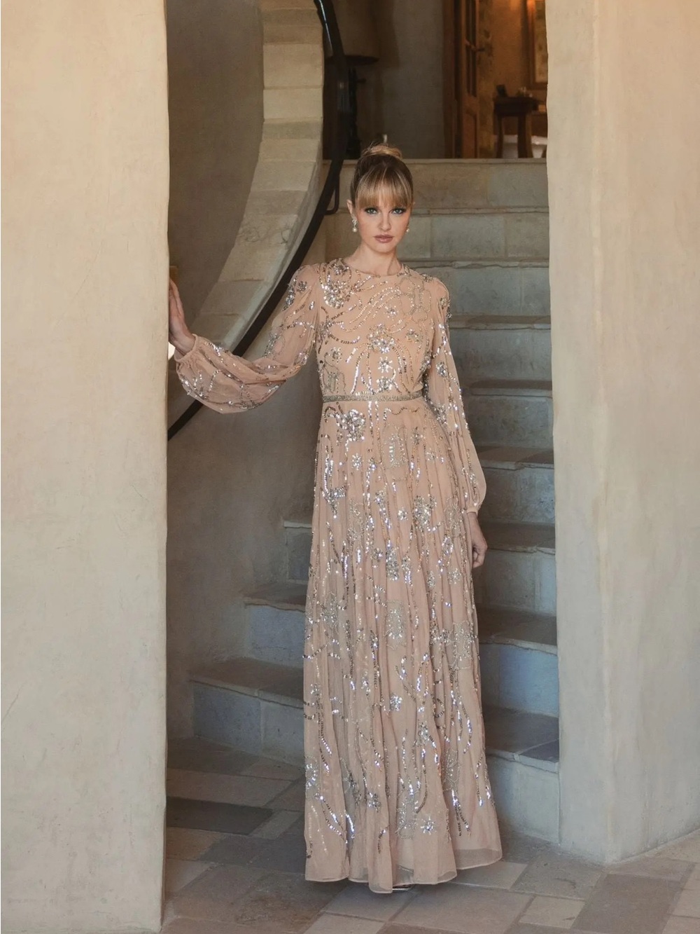Mac Duggal 94072 Beige Embellished High Neck Puff Sleeve Gown sz 4
